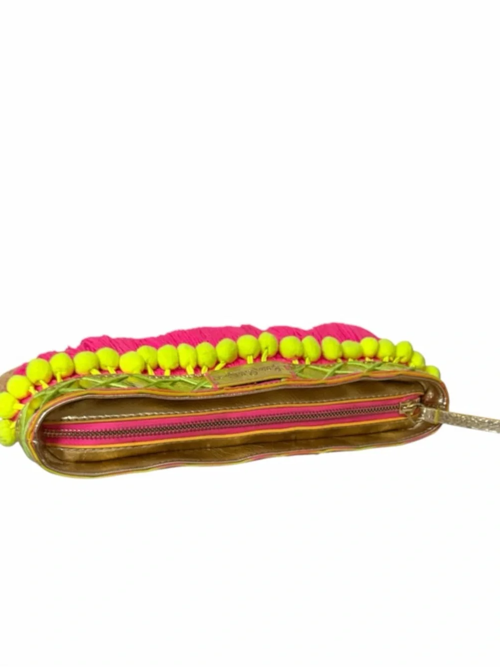Lilly Pulitzer Baja Natural Woven Straw Fringe Pom Pom Clutch Bag